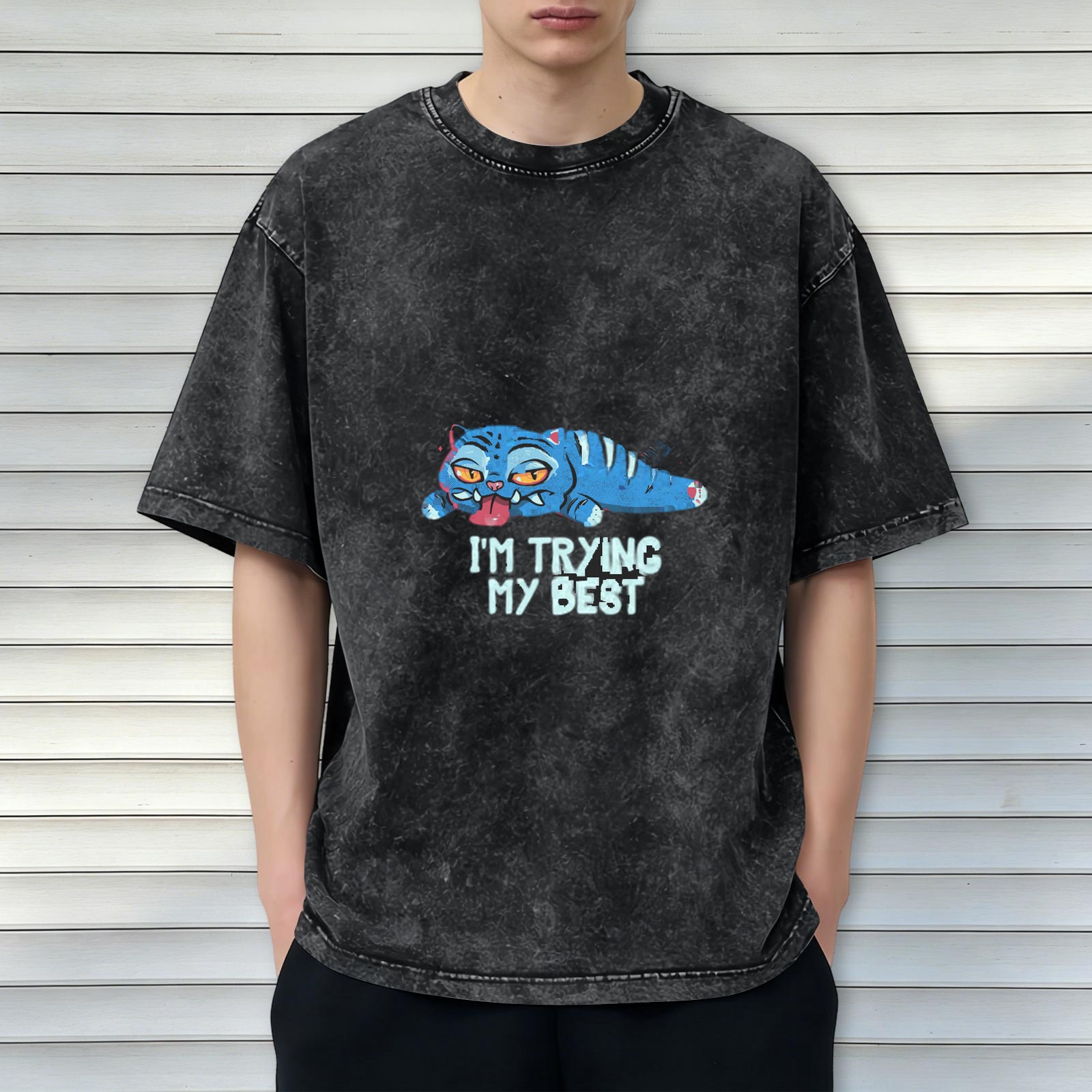 Oversized Acid Wash T-Shirt With Lazy Blue Cat 'I'm Trying My Best' Print