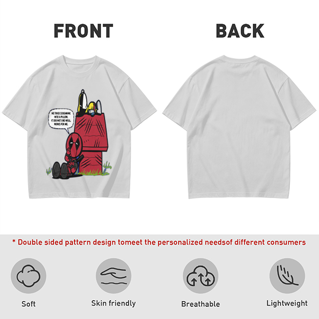 Olive t-shirt with Deadpool and Snoopy mashup graphic
