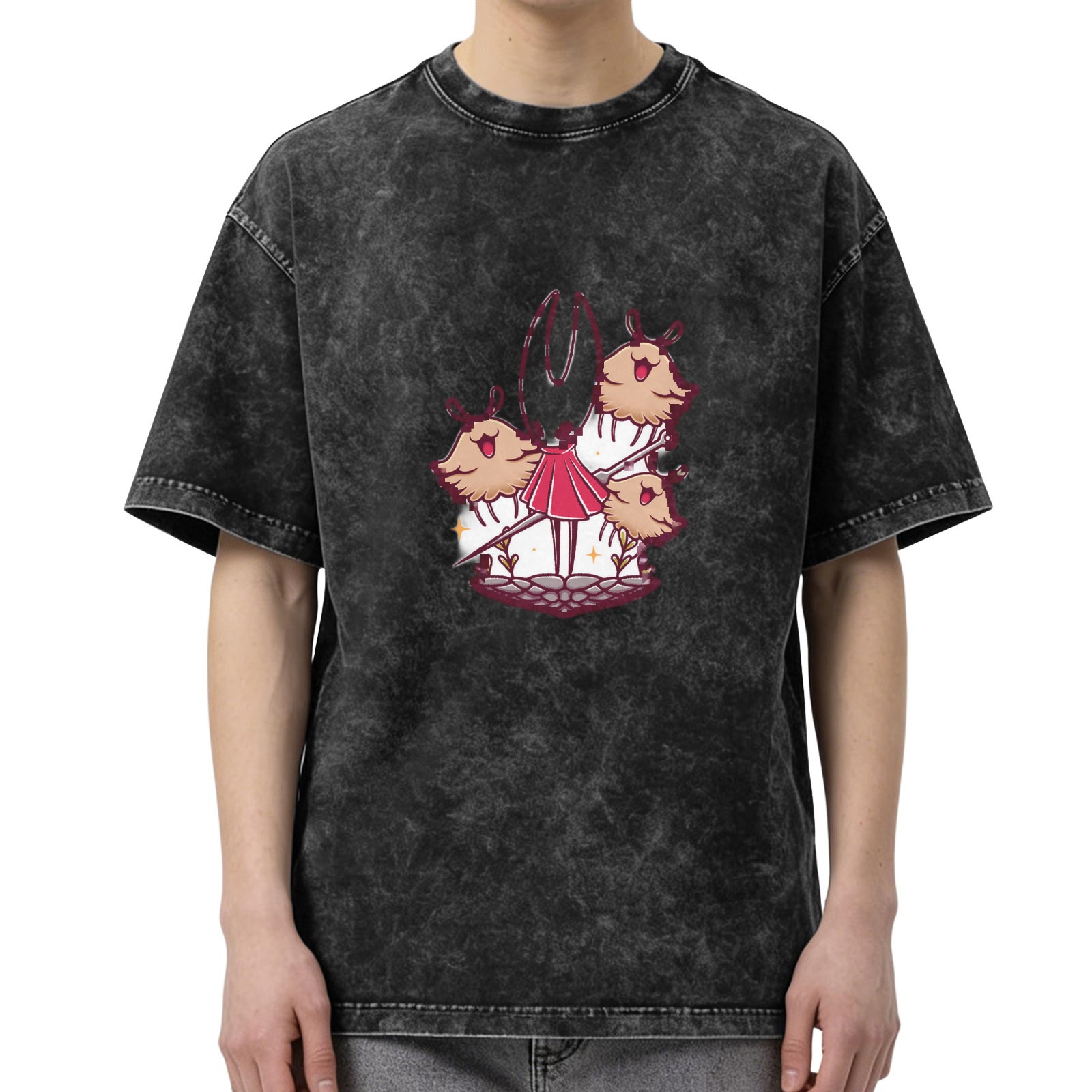 Washed black graphic t-shirt with cute fantasy creature print