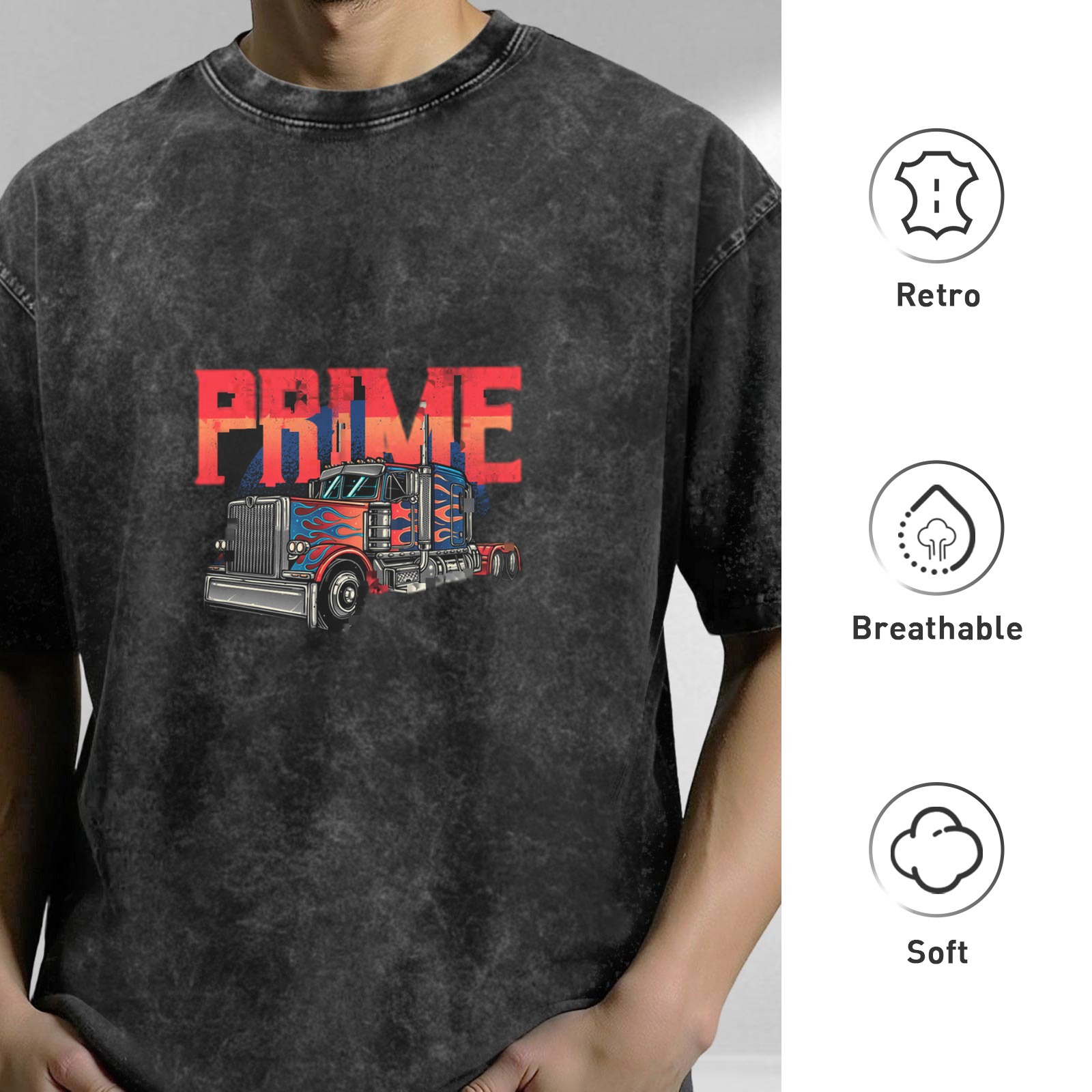 Washed Black T-Shirt with PRIME Text and Semi Truck Graphic