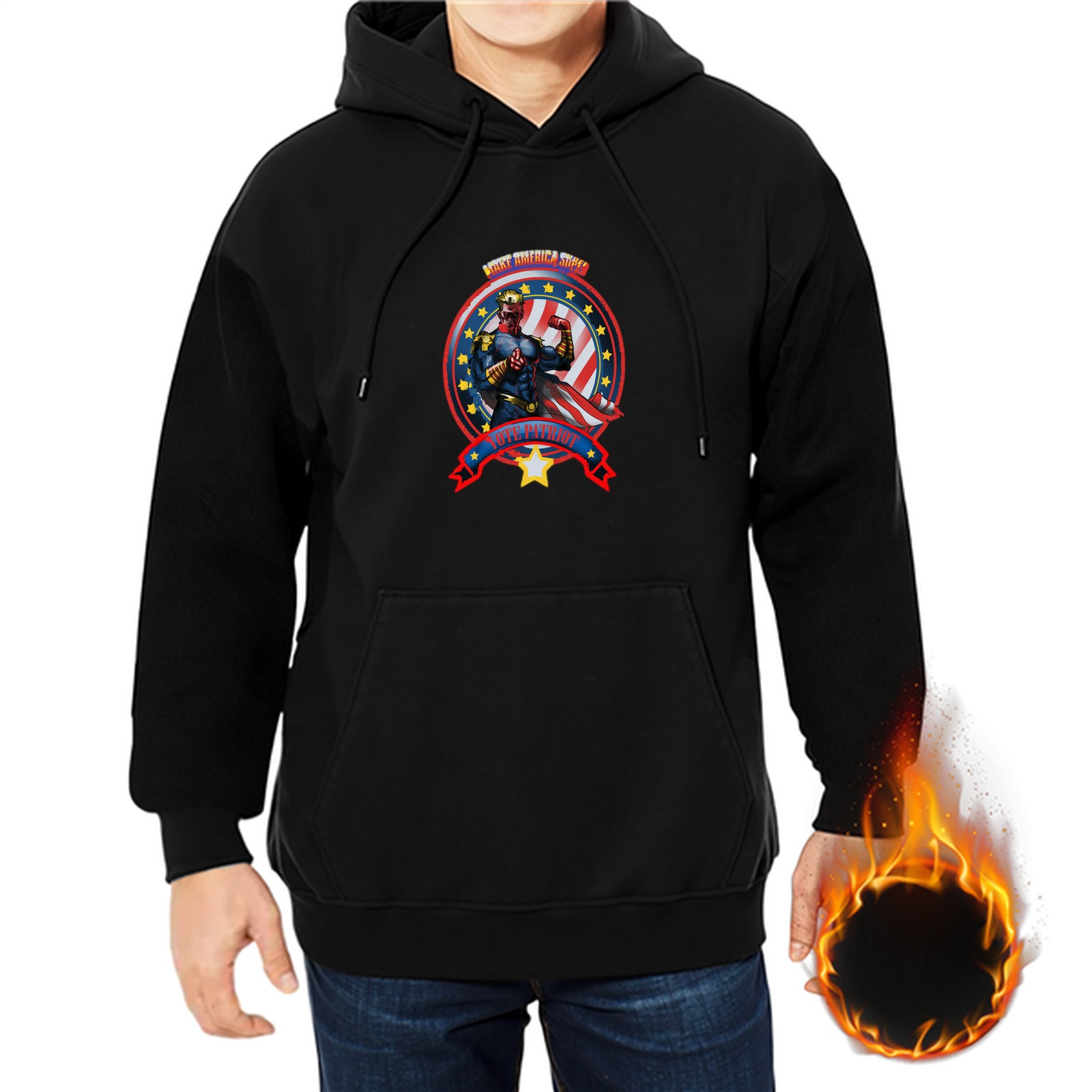 Black Hoodie With Patriotic Superhero Graphic Print