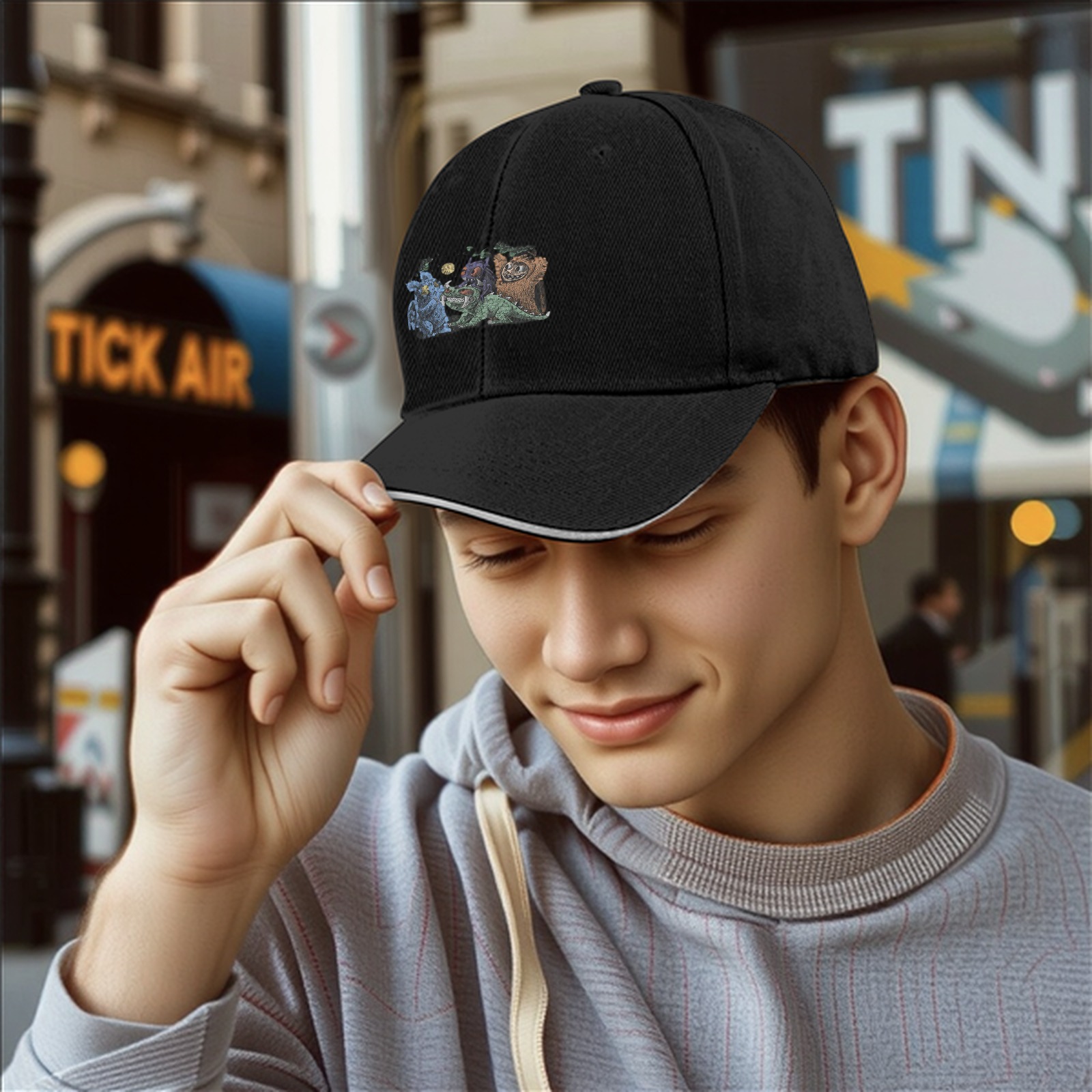 Black Baseball Cap with Fantasy Monster Creature Art Print