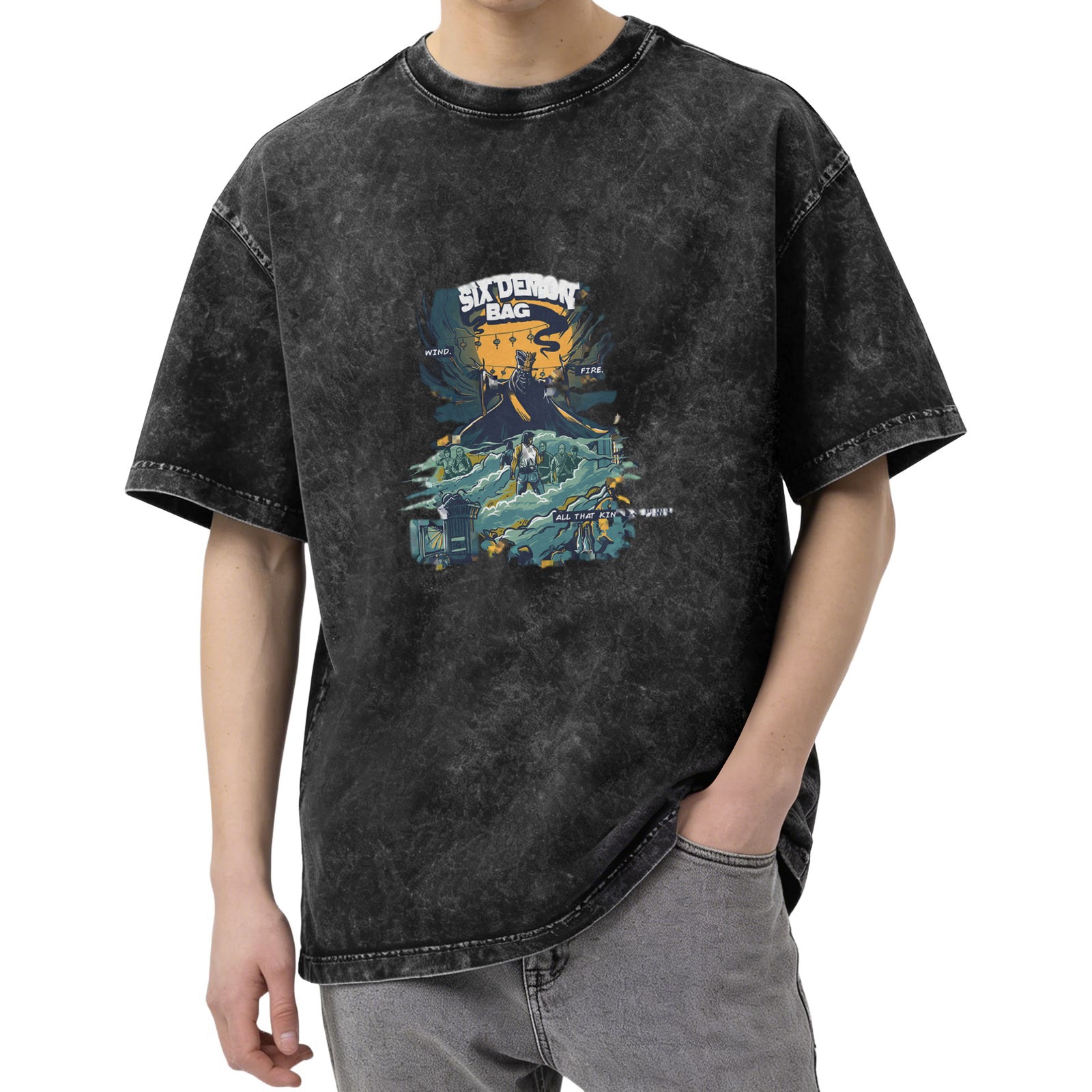 Distressed washed black loose short-sleeved T-shirt with 'SIX DEMON BAG' themed illustration printed on the front