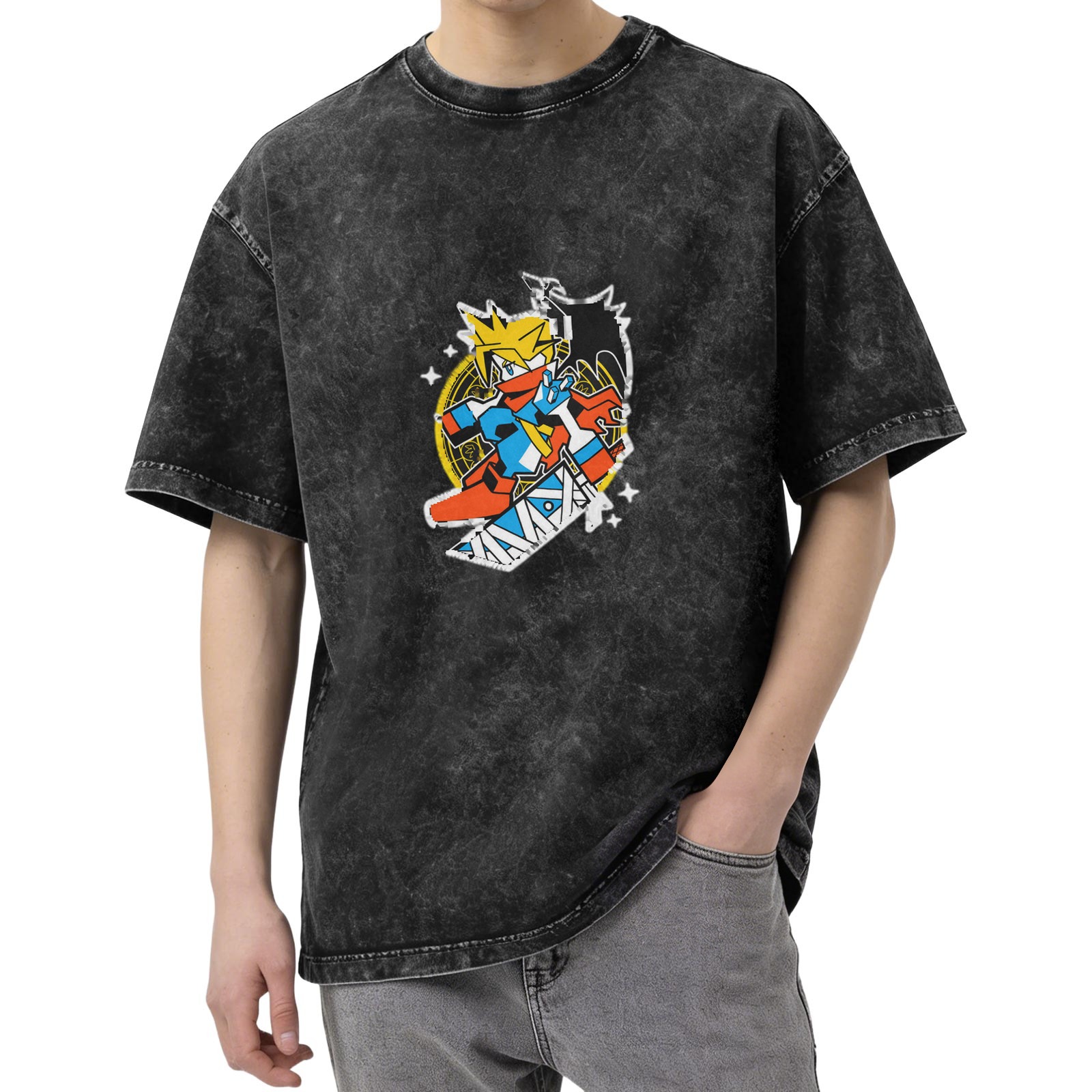 Washed black oversized t-shirt with anime-style graphic print