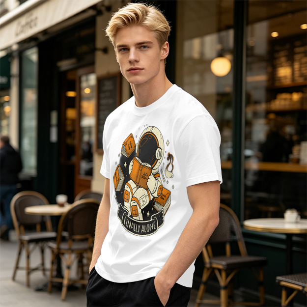 Astronaut Reading Book 'Finally Alone' Graphic T-Shirt Design