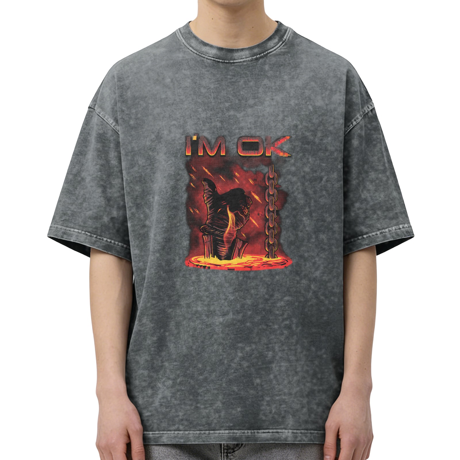 Washed Black Graphic T-Shirt with I'm OK Lava Hand Design