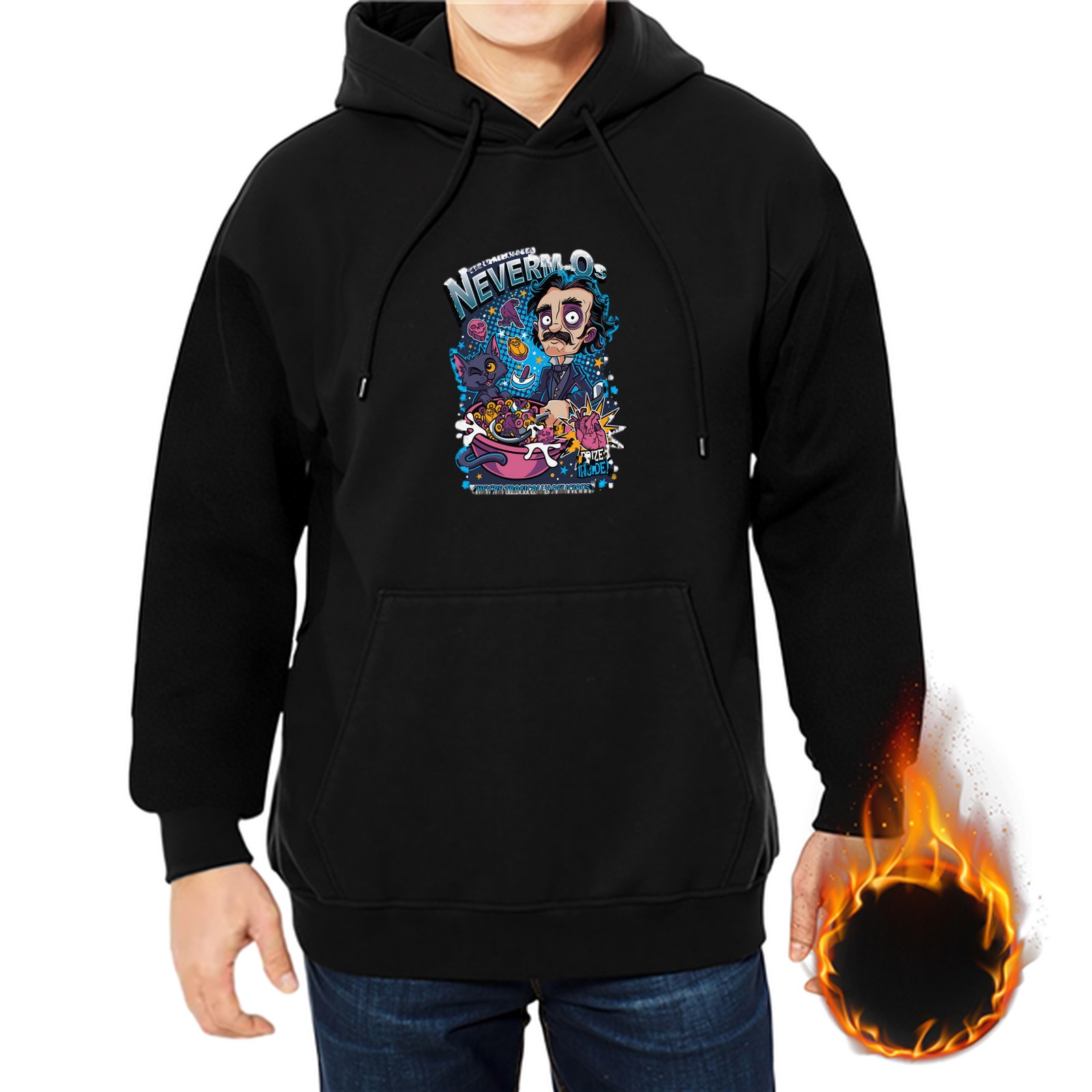 Black hoodie with whimsical cosmic graphic print