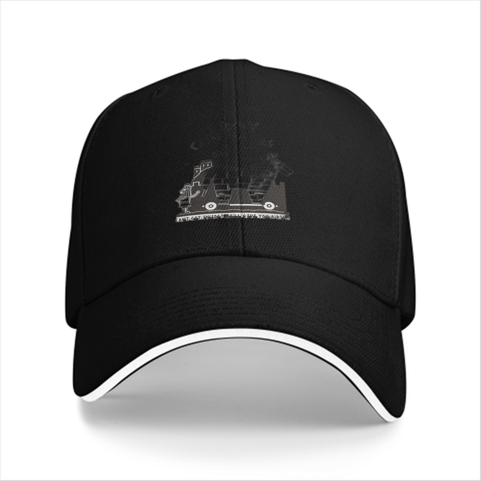 Black baseball cap with monochrome graphic print on front
