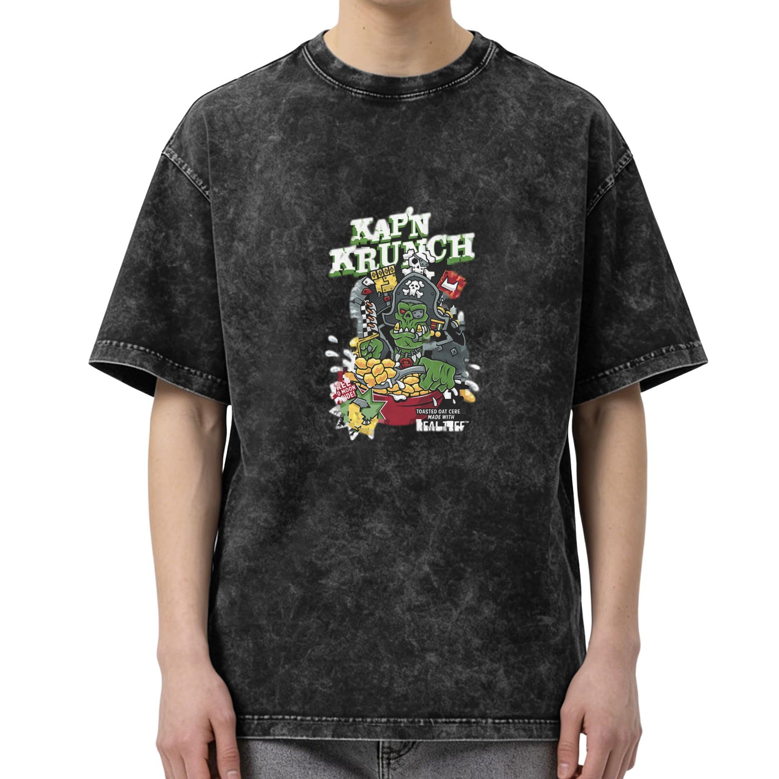 Men's Oversized Acid Wash Graphic T-Shirt - Kap'n Krunch Zombie Pirate Cereal Print - Black