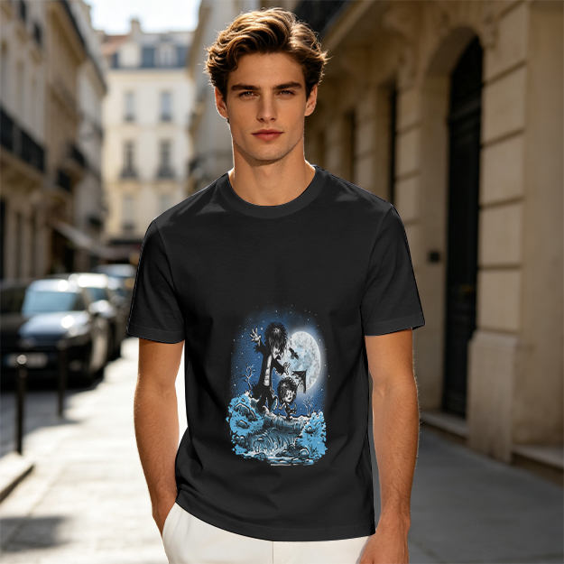 Olive T-Shirt With Gothic Moonlit Water Creature Graphic Print