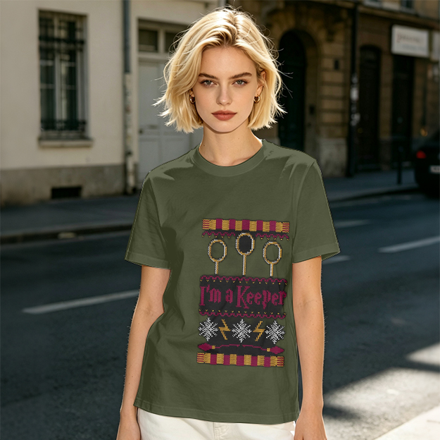 Olive Green T-Shirt With I'm A Keeper Quidditch Graphic