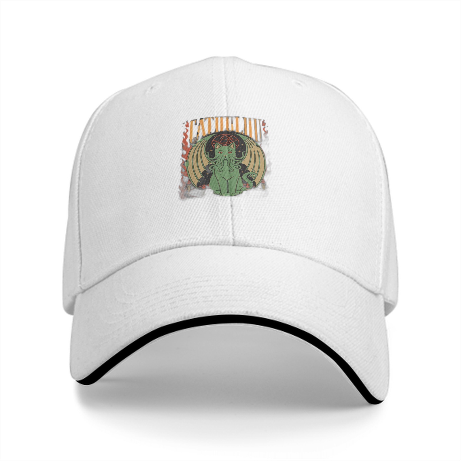 Black baseball cap with Cthulhu cat graphic design