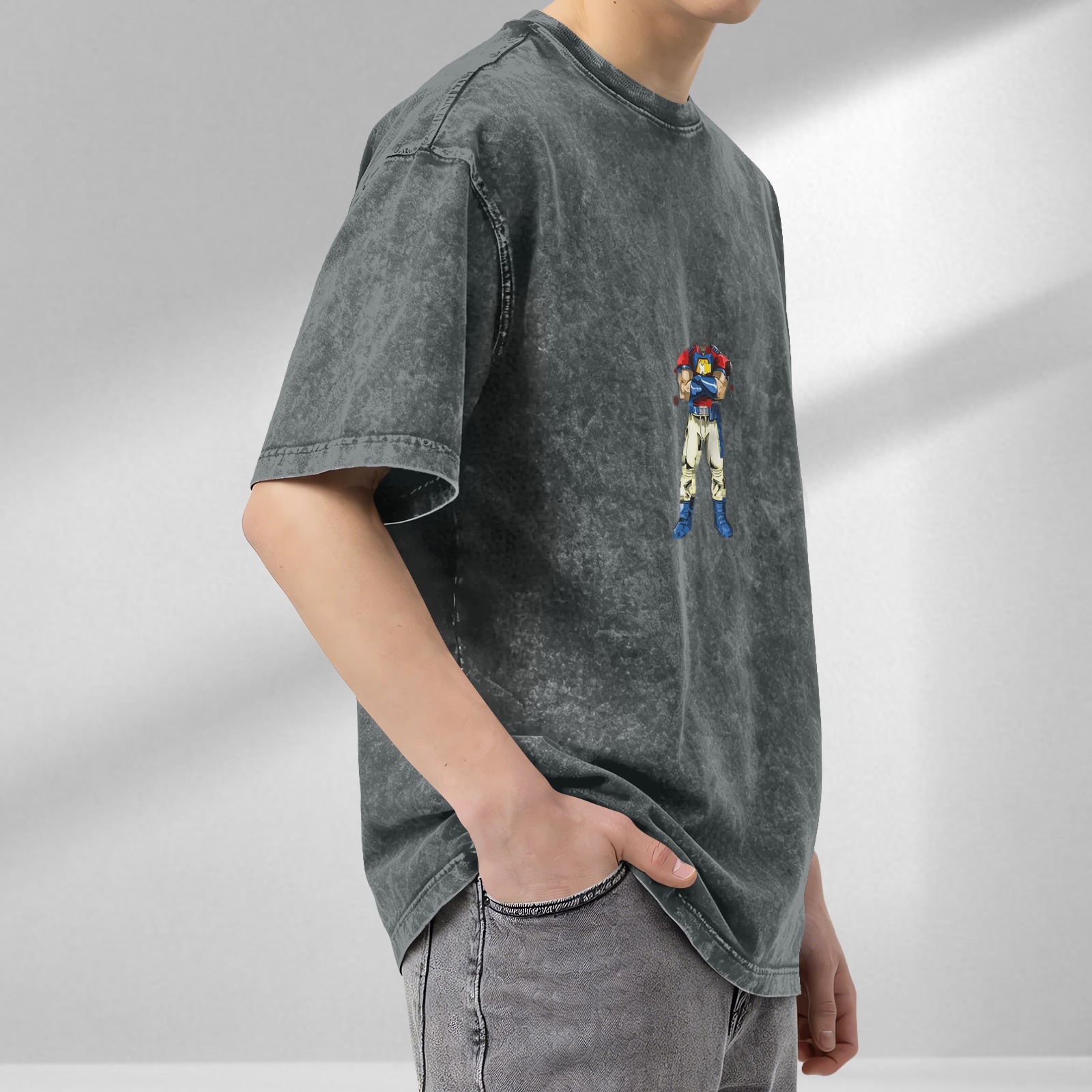 Oversized Dark Wash T-Shirt With Cartoon Character Print