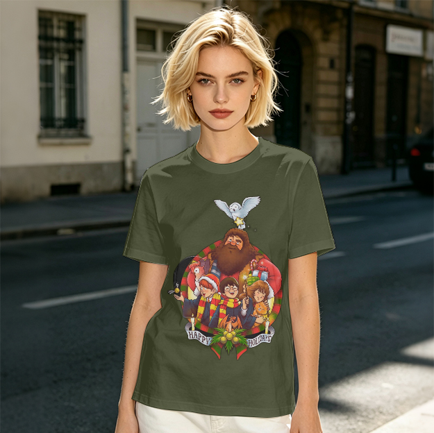 Harry Potter Happy Holiday Group Graphic Olive T-Shirt