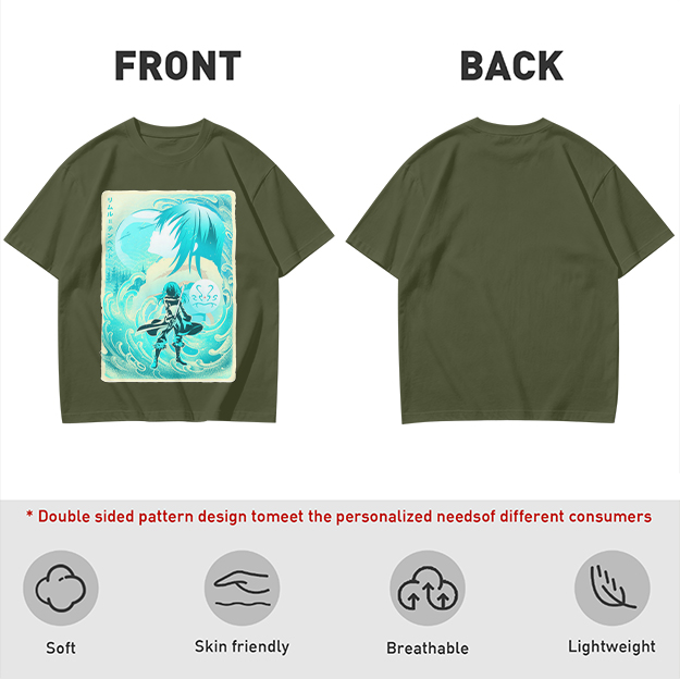 Anime character water design graphic dark green t-shirt