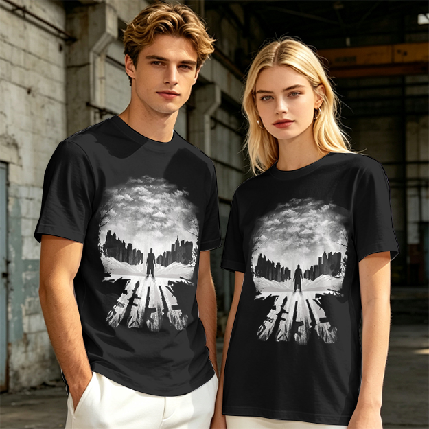 Olive Green T-Shirt With Skull Silhouette Cityscape Artwork