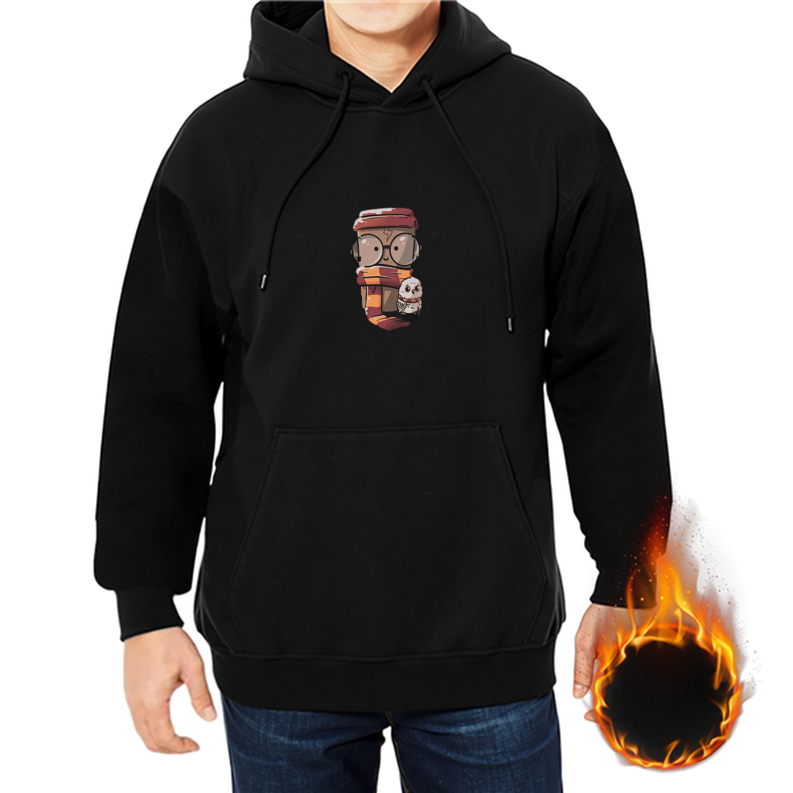 Black hoodie with cute wizard character graphic print