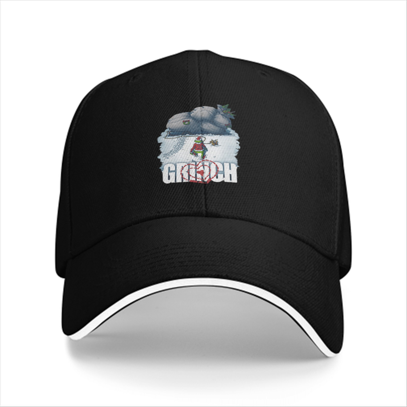Black Baseball Cap With Grinch Winter Sleigh Graphic Design