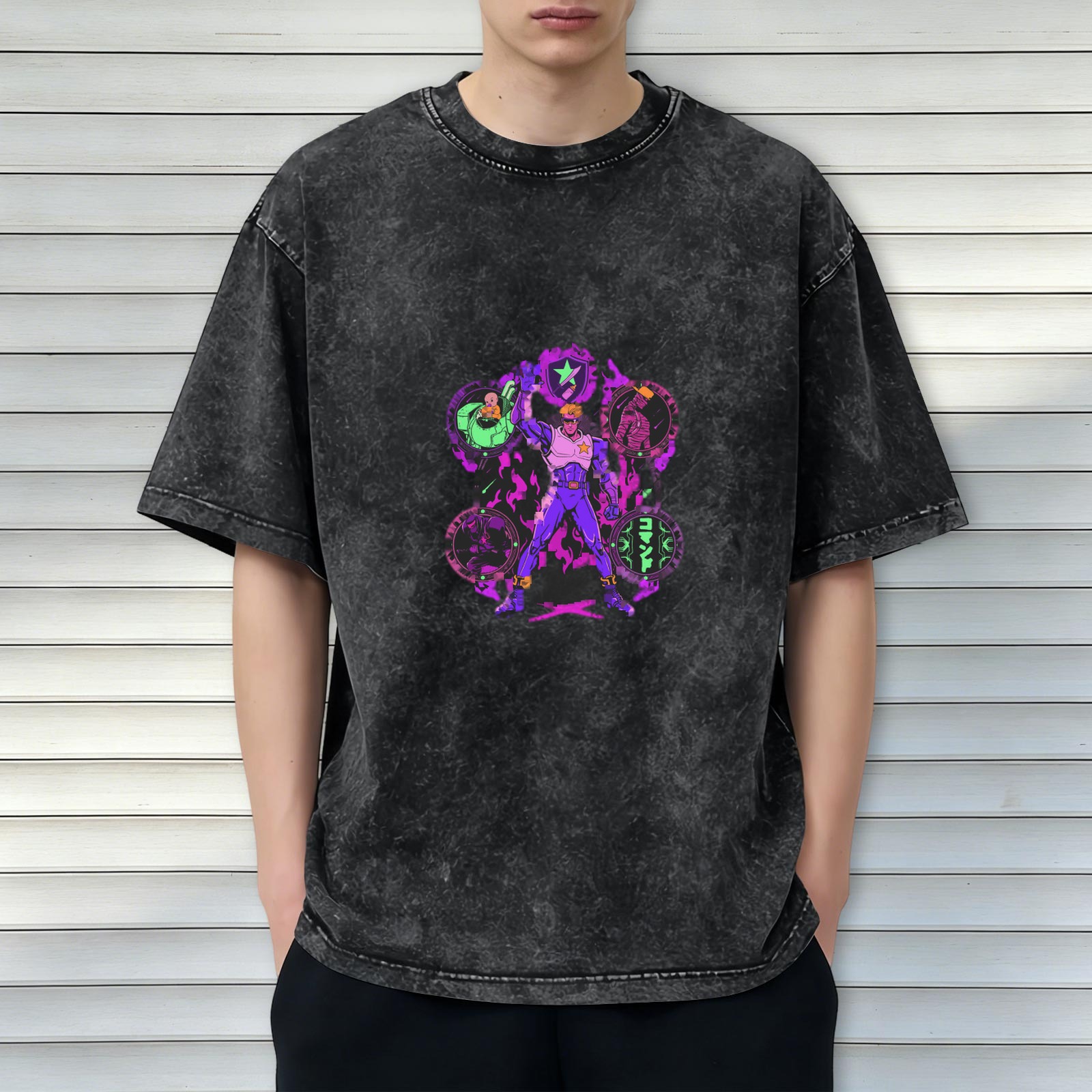 Washed Black T-Shirt with Neon Anime Superhero Graphic Print