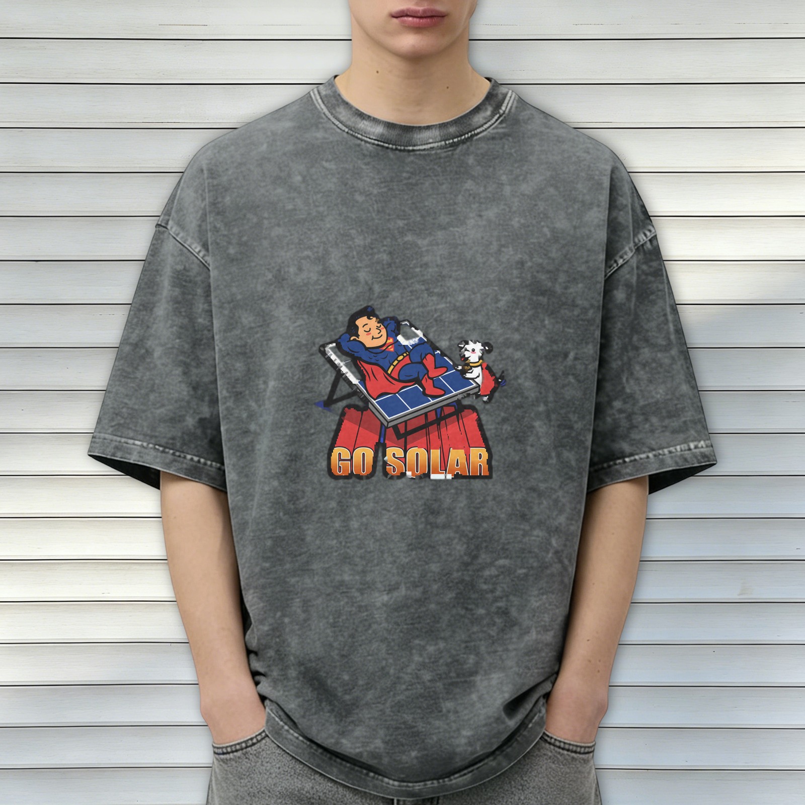 Oversized dark wash t-shirt with Superman and dog on solar panel graphic