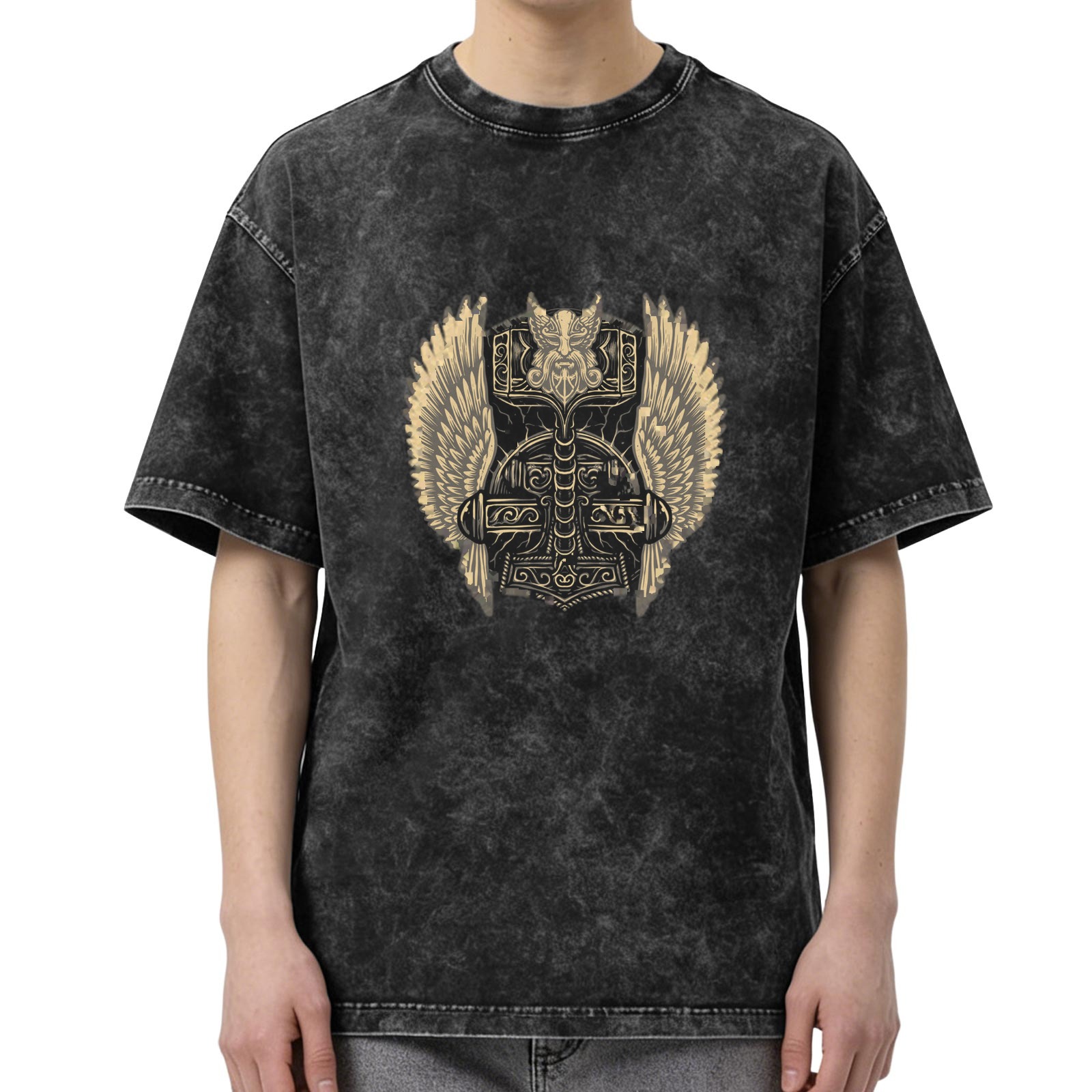 Viking Mjolnir Hammer Graphic Stonewashed Black T-Shirt