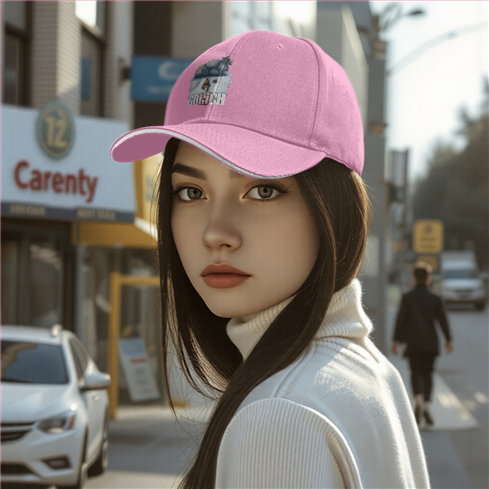 Black Baseball Cap With Grinch Winter Sleigh Graphic Design