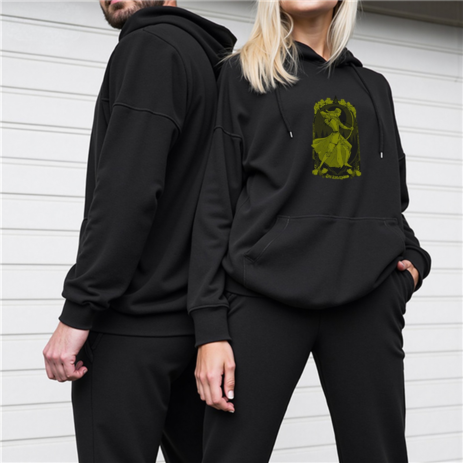 Black hoodie with archer maiden graphic print