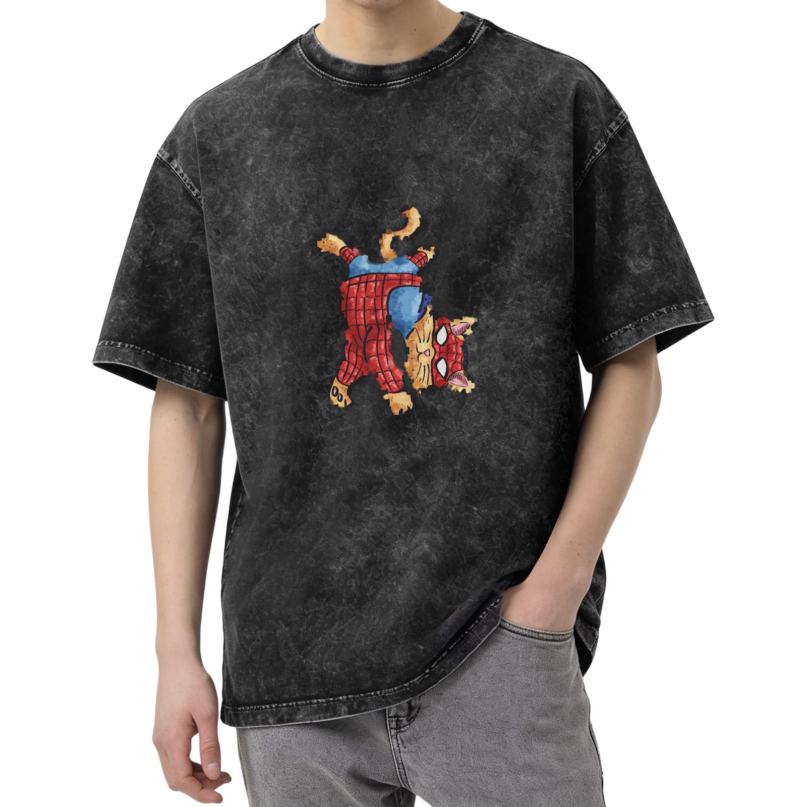 Washed Black T-Shirt With Playful Spider Cat Graphic Print