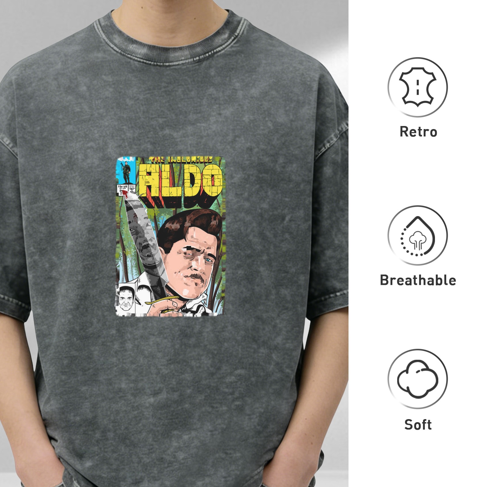 Washed Black T-Shirt with Aldo Comic Book Style Graphic Print