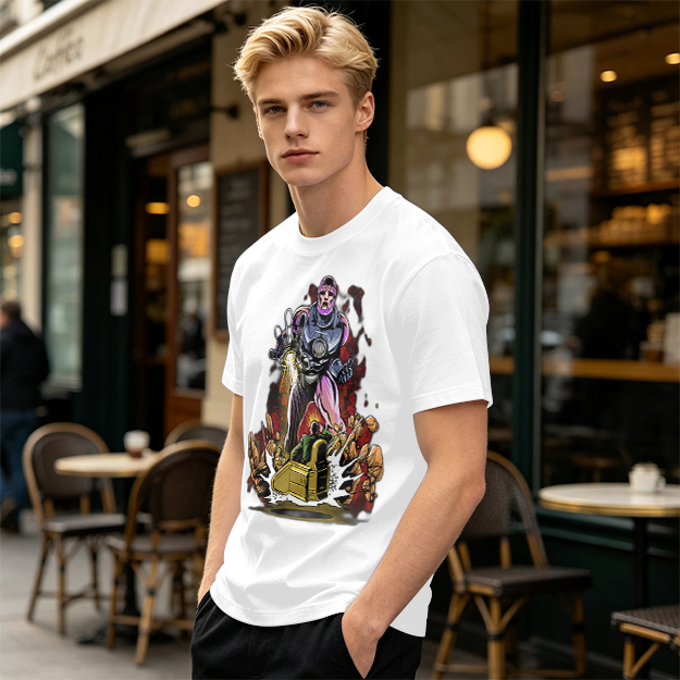 Olive T-shirt with Robot Villain and Tank Action Graphic