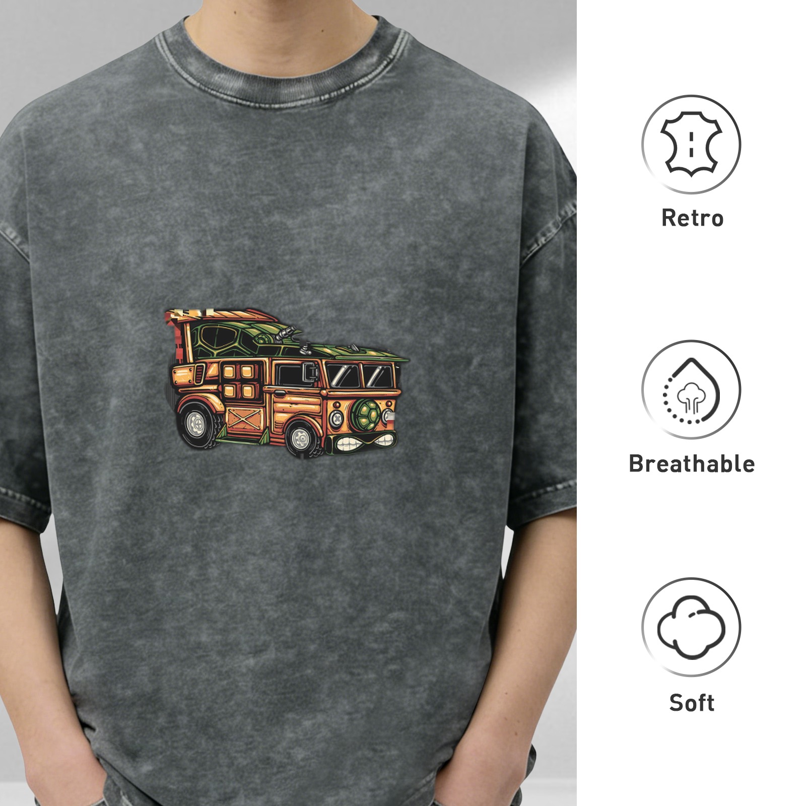 Oversized Acid Wash T-Shirt With Cartoon Turtle Van Print