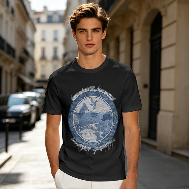 Olive T-Shirt With Fantasy Mountain Landscape Dragon Print