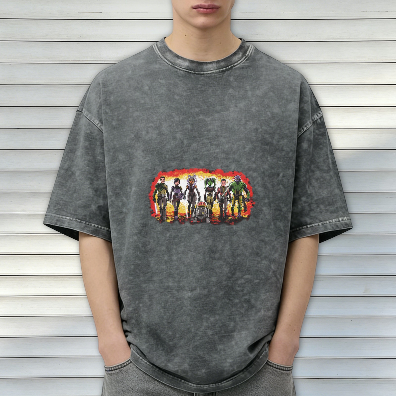 Star Wars Rebels themed distressed short-sleeved T-shirt, retro washed black loose style