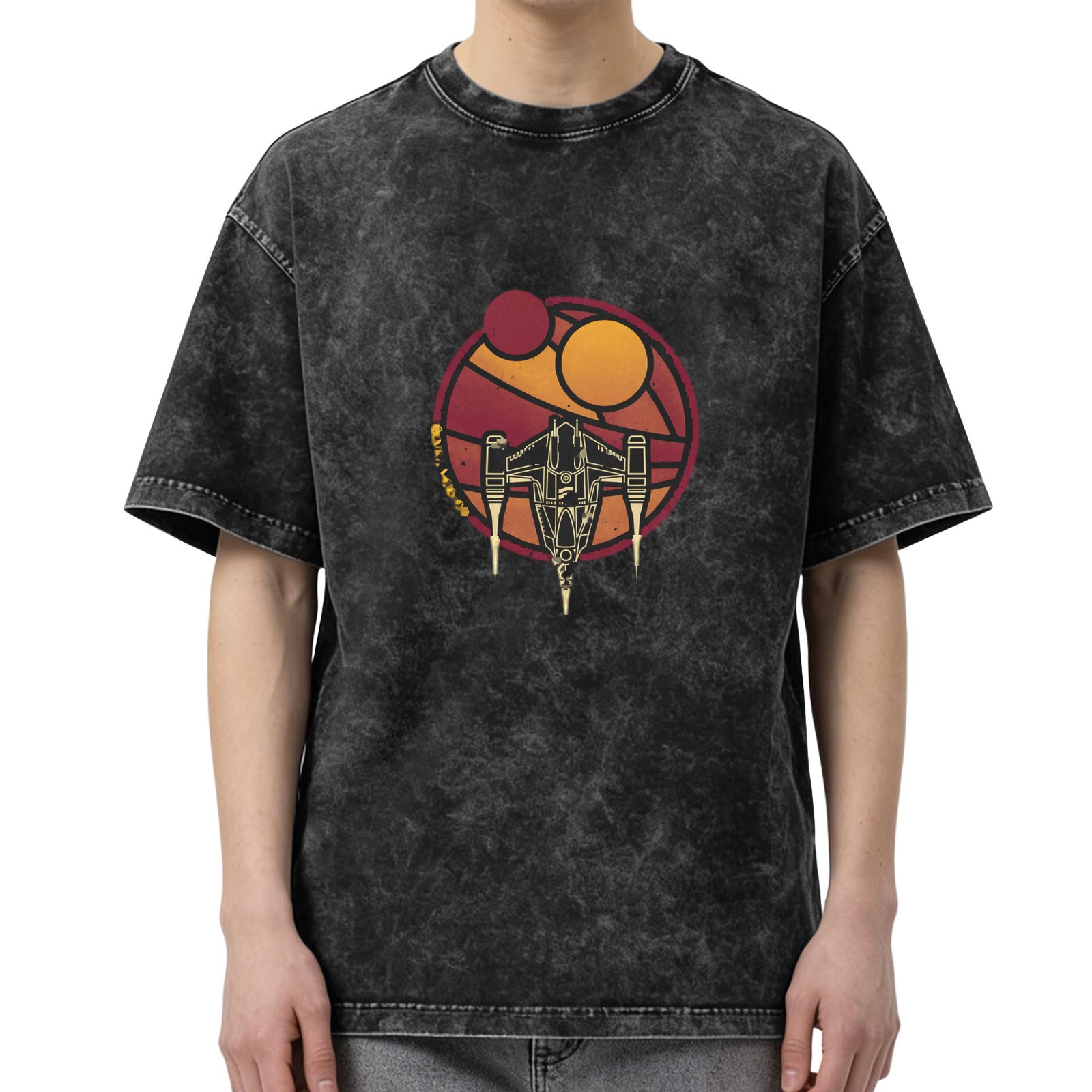 Washed Black Graphic T-Shirt with Space Ship and Dual Suns Design