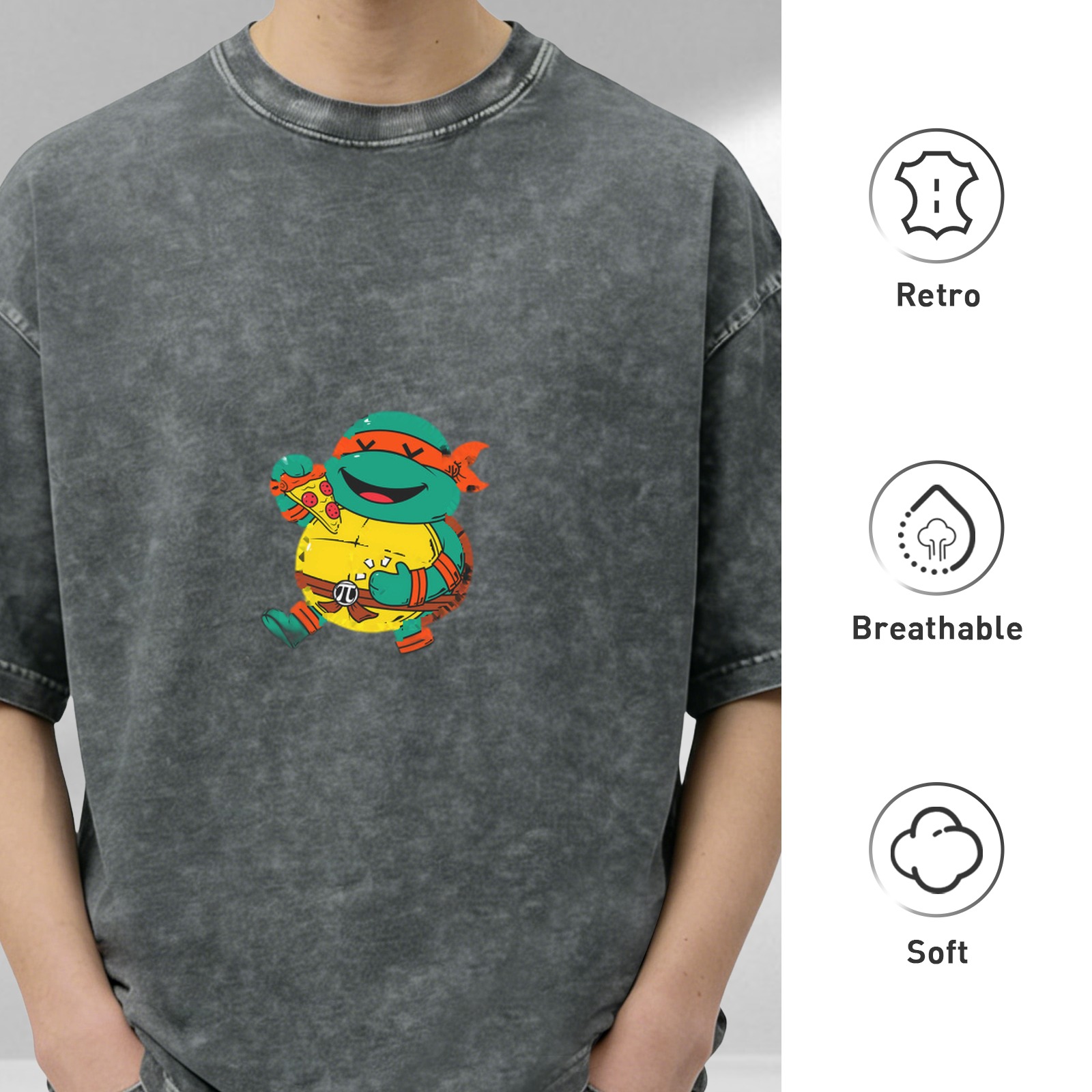 Washed Black Oversized T-Shirt with Cartoon Ninja Turtle Pizza Print