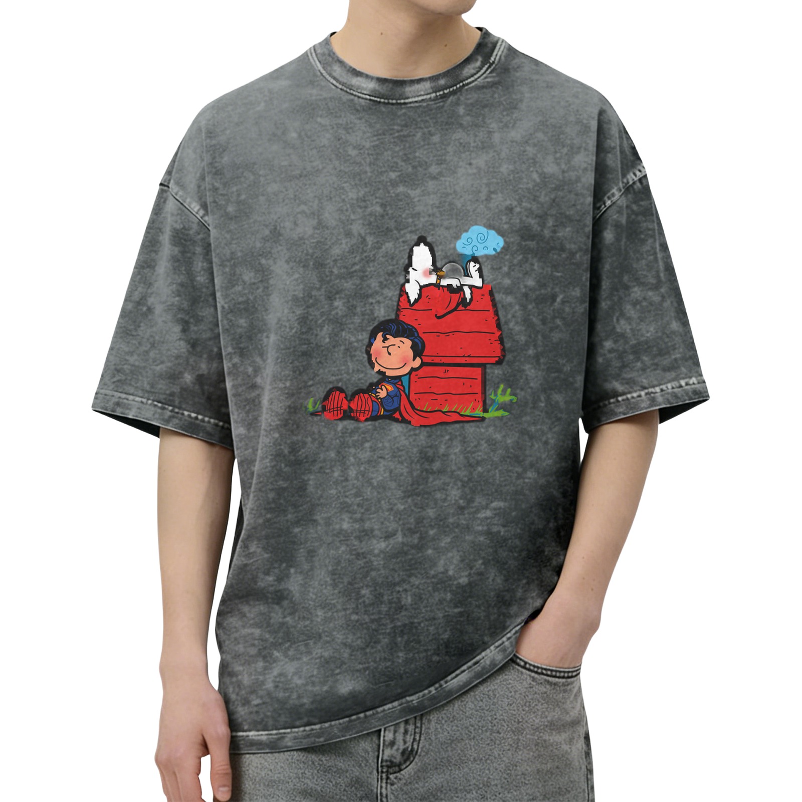 Snoopy and Charlie Brown Superman Mashup Vintage Black T-Shirt