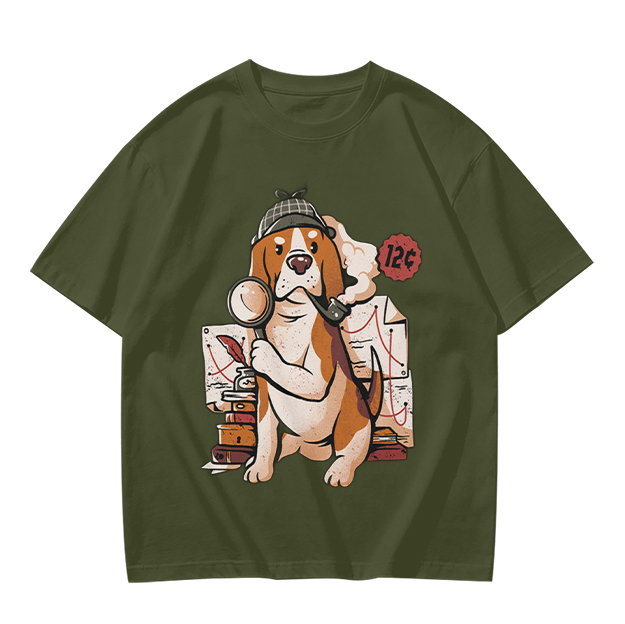 Olive T-Shirt With Cartoon Detective Beagle Dog Print