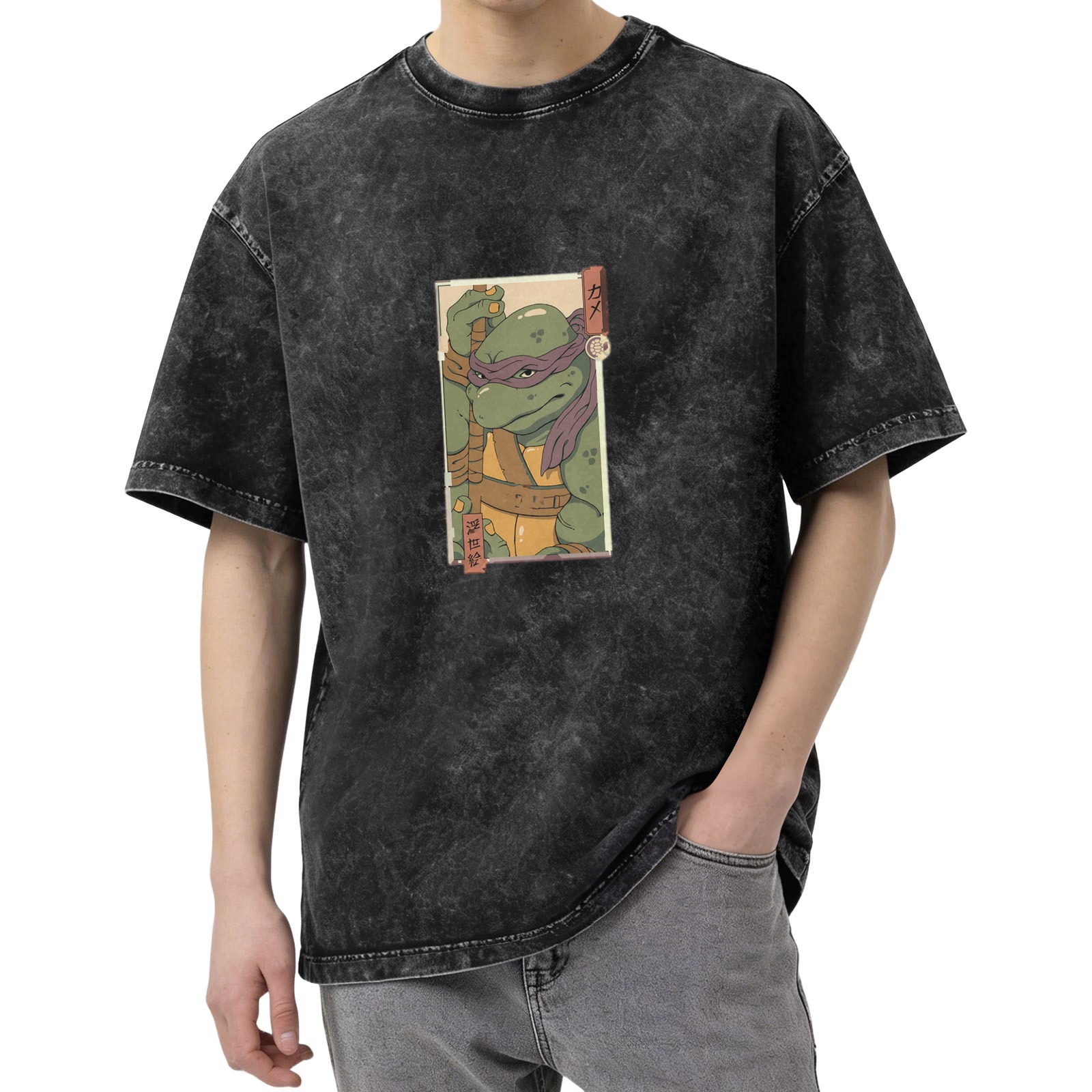 Washed Black Oversized T-Shirt with Purple Mask Ninja Turtle Graphic
