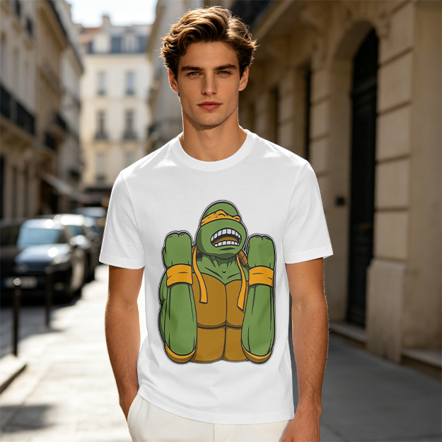 Olive Green T-Shirt With Michelangelo Ninja Turtle Graphic