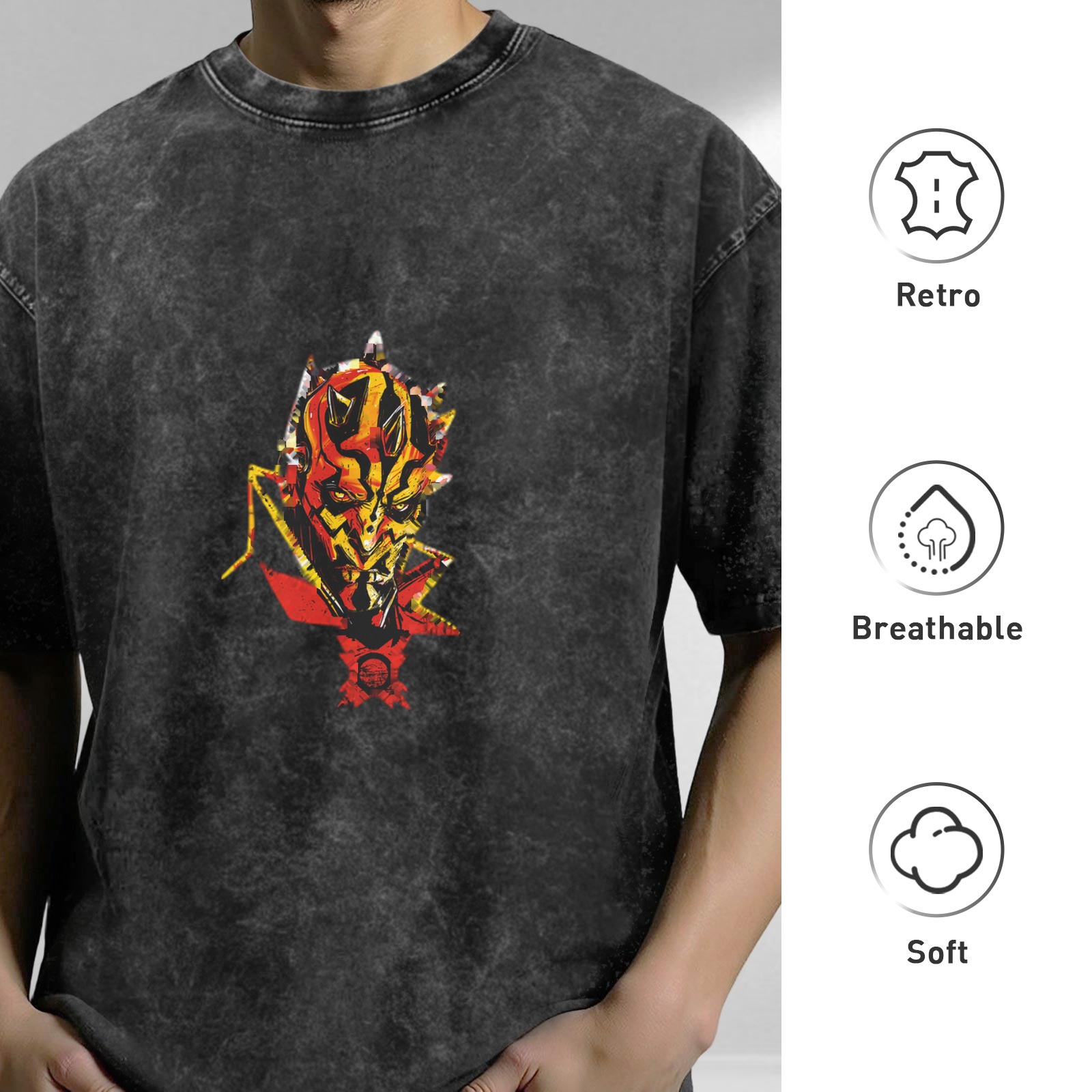 Oversized Acid Wash T-Shirt With Fiery Alien Warrior Graphic