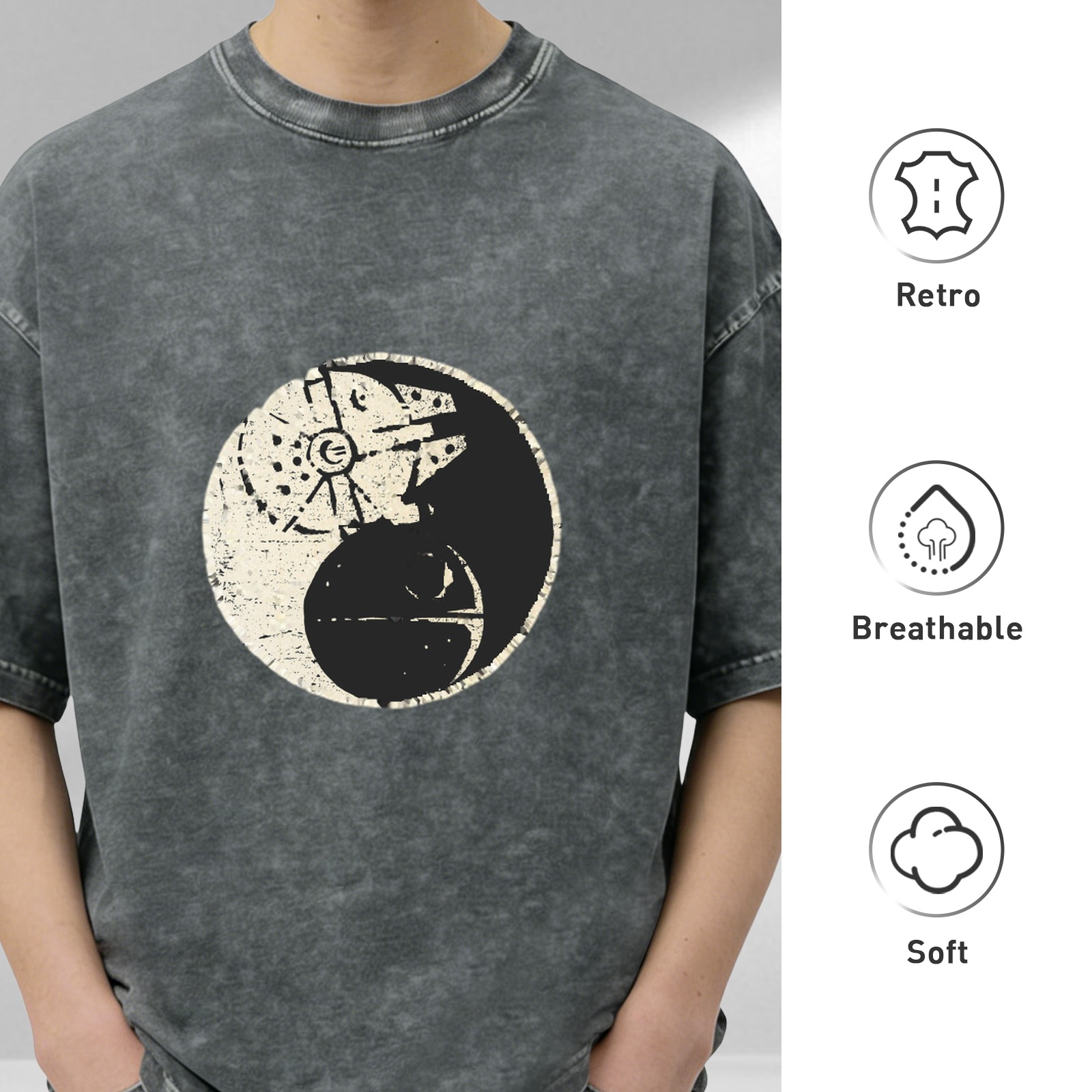 Star Wars Yin Yang Graphic Acid Wash T-Shirt, Oversized Short Sleeve Crew Neck Tee, Casual Streetwear Top