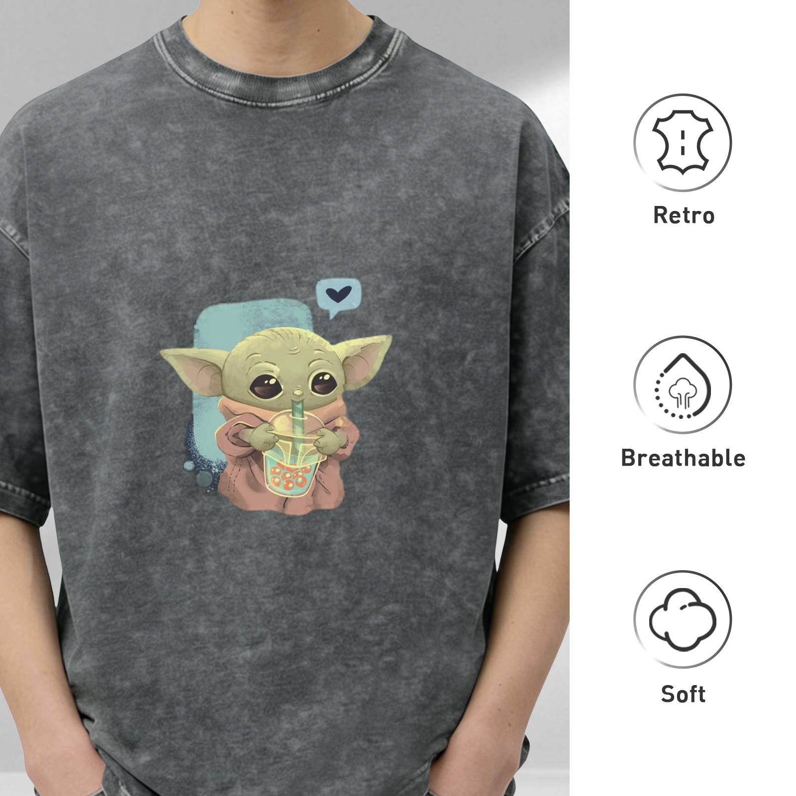 Baby Yoda Drinking Boba Tea Vintage Wash T-shirt