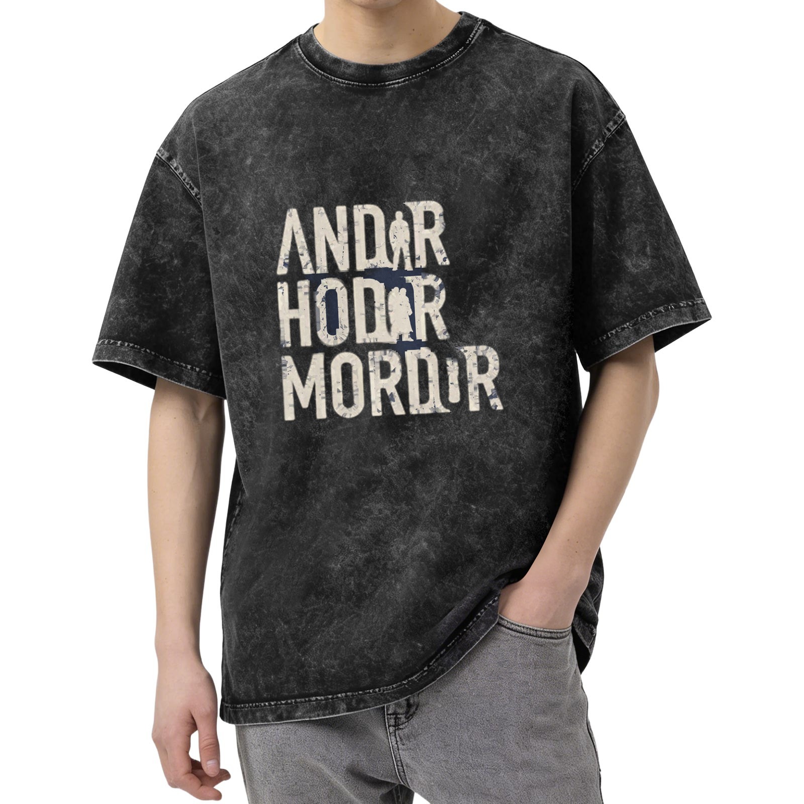 Distressed printed short-sleeved T-shirt men's loose washed black round neck top