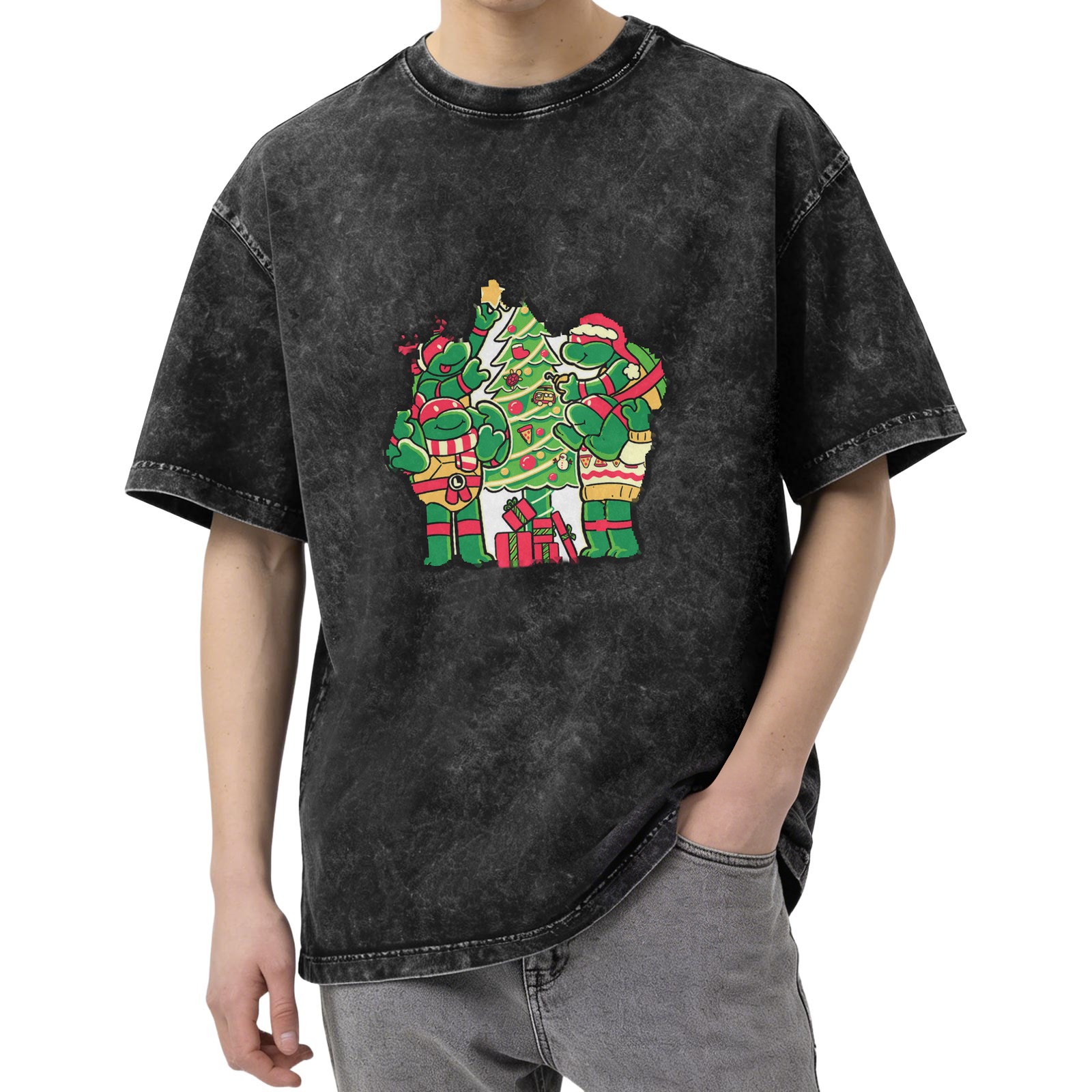 Washed Black T-Shirt with Teenage Mutant Ninja Turtles Christmas Design