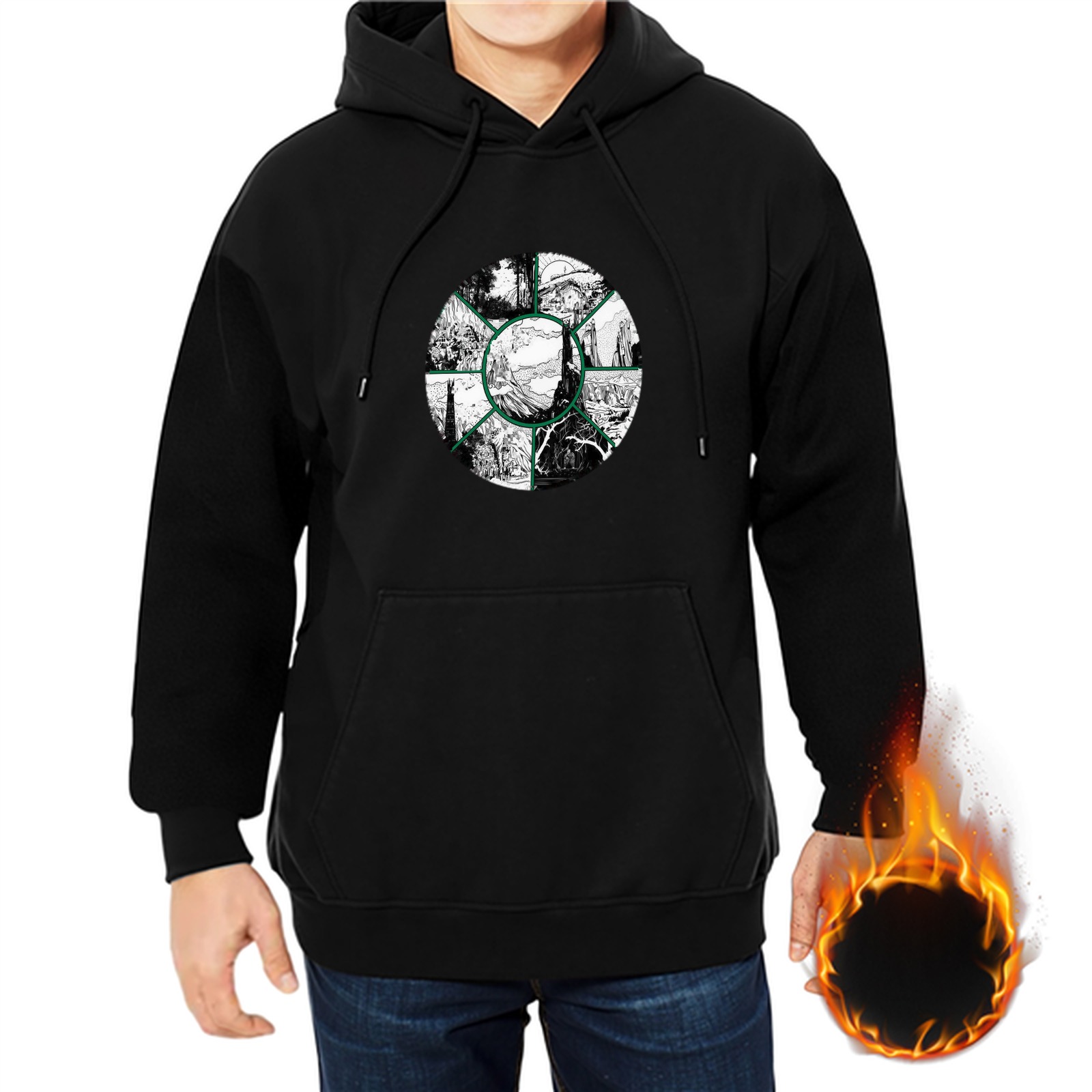 Black Hoodie With Circular Monochrome Graphic Print