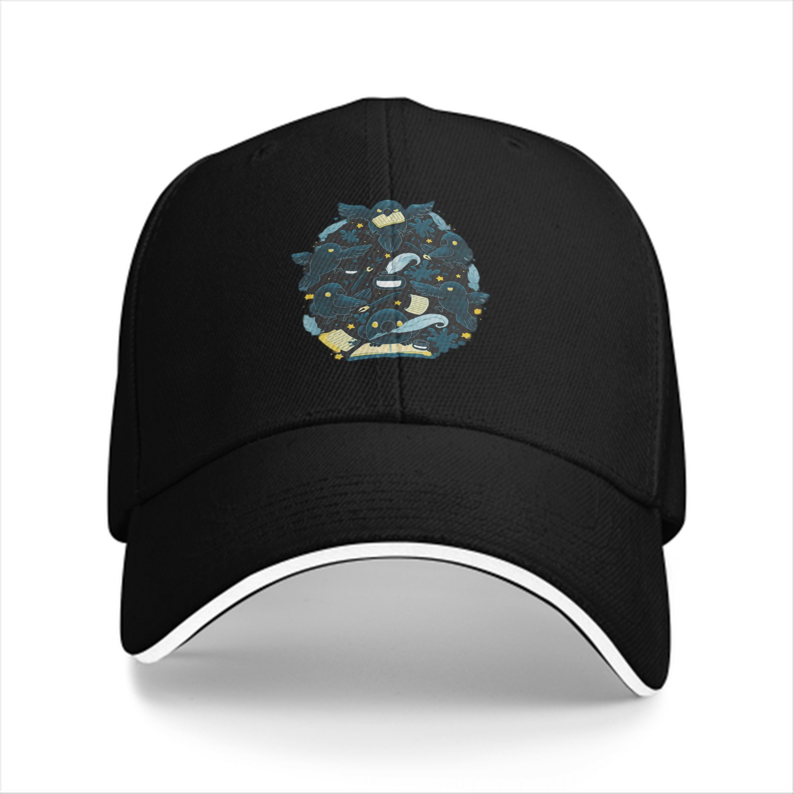 Black baseball cap with whimsical dark creature cluster graphic