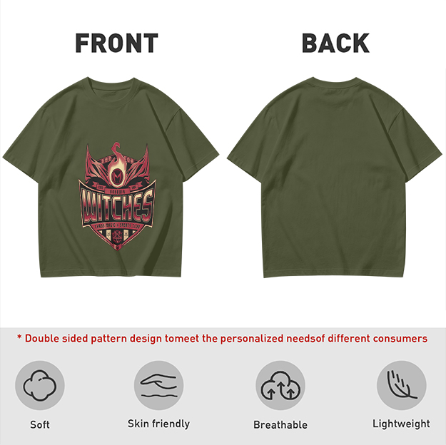 Olive Green T-Shirt With Witches Themed Graphic Print