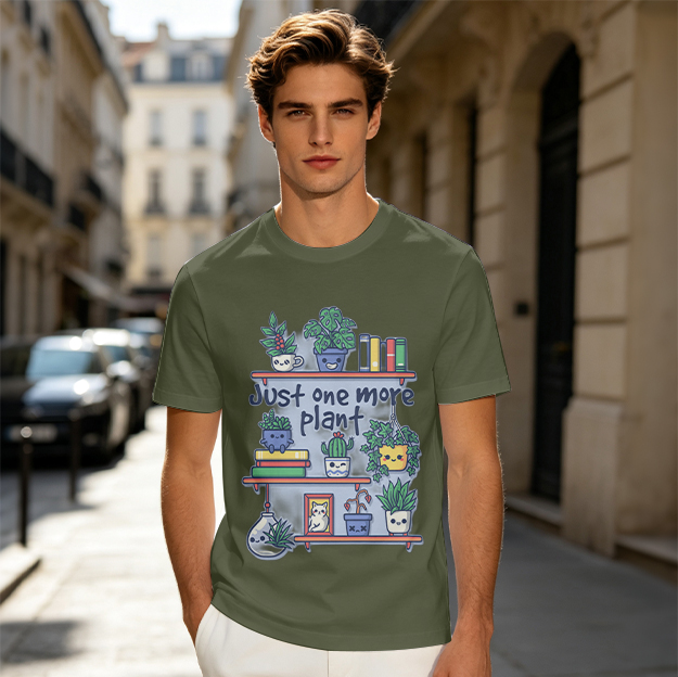 Olive T-Shirt With Cute Plant Shelf Graphic 'Just One More Plant'