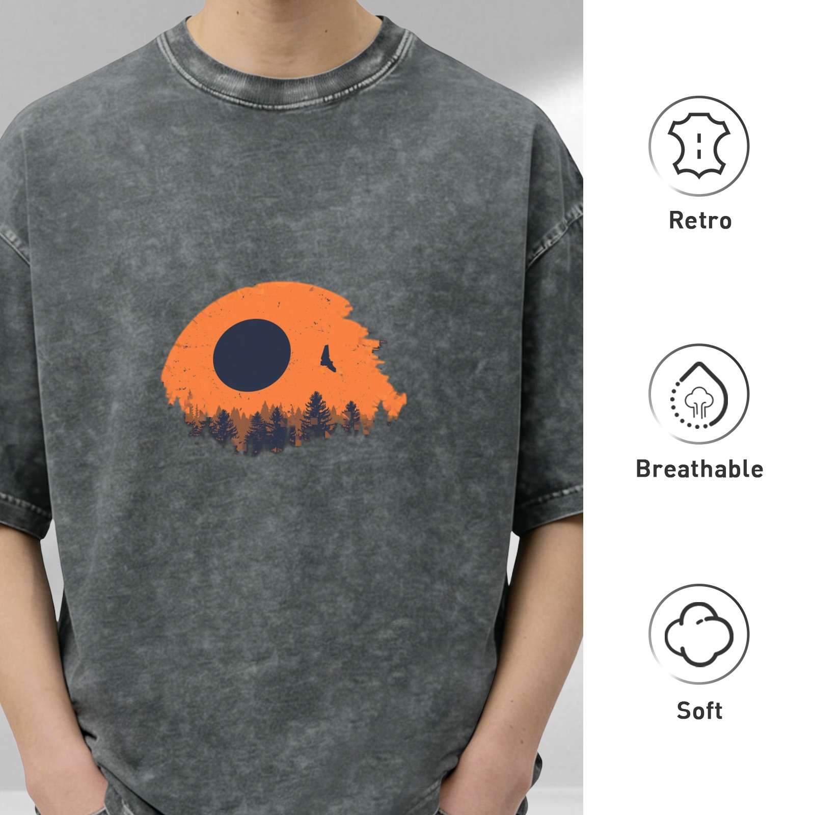 Distressed washed black loose short-sleeved T-shirt with outdoor forest sunset bird pattern design