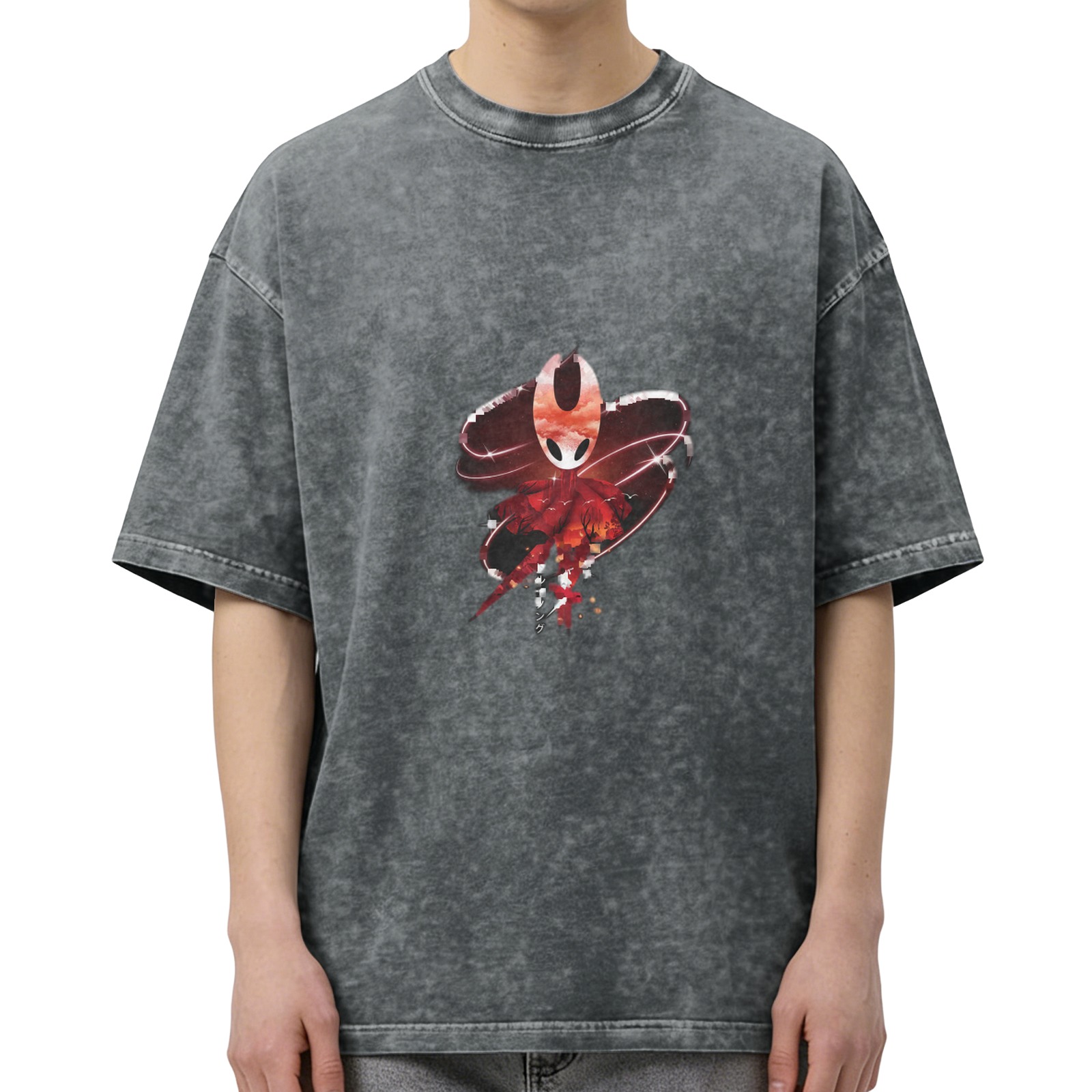 Oversized Washed Black T-Shirt with Hollow Knight Silksong Hornet Graphic